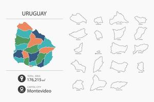 mapa de uruguay con mapa detallado del país. elementos del mapa de ciudades, áreas totales y capital. vector