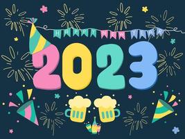 feliz año nuevo 2023. celebración de año nuevo con fuegos artificiales y fiesta dibujada a mano. vector