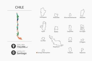 mapa de chile con mapa detallado del país. elementos del mapa de ciudades, áreas totales y capital. vector
