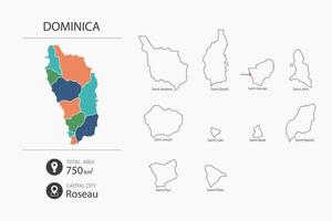 mapa de dominica con mapa detallado del país. elementos del mapa de ciudades, áreas totales y capital. vector