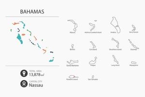 Map of Bahamas with detailed country map. Map elements of cities, total areas and capital. vector