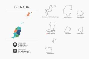 mapa de granada con mapa detallado del país. elementos del mapa de ciudades, áreas totales y capital. vector