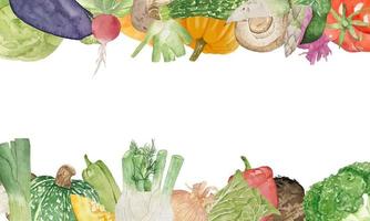 Watercolor border with various vegetables on white background flat layout. Concept of healthy eating, food background. Frame of vegetables vector