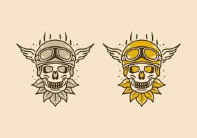 diseño de ilustración vintage de cráneo con casco y gafas con alas a los lados vector