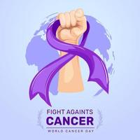 World Cancer Day illustration with hand holding ribbon. Fight cancer motivation vector