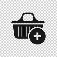 Add to cart icon in flat style. Shopping vector illustration on white isolated background. Basket with plus sign business concept.