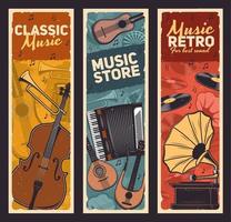 Guitar, trumpet, vinyl records. Music instruments vector