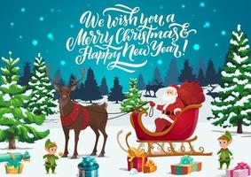 Christmas sleigh with Santa, elves and Xmas gifts vector