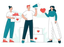 Concept of volunteering, humanitarian aid, or charity. People keep and give hearts as symbols of help and support. Outline flat vector illustration.