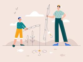 Concept of rest on the lake. Father and son fishing. Dad and child are on holiday vacation. Modern minimal flat vector illustration.