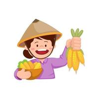 Traditional farmer holding vegetable and corn. agriculture harvest symbol character mascot illustration vector