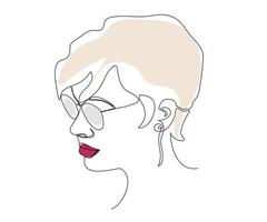 retrato abstracto de una chica con gafas con un corte de pelo corto mirando hacia abajo, dibujada a mano, línea mono, logotipo de arte de una línea de un salón de spa, salón de masajes, salón de belleza, peluquería vector