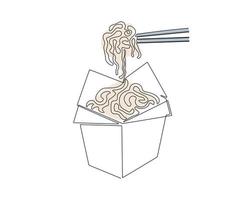 fideos chinos en una caja, dibujados a mano, línea mono continua, arte de una línea vector