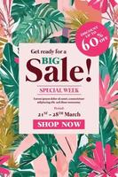 Sale poster with exotic jungle plant, tropical exotic palm leaves. Discount design background with tropical palm leaves. Nature wallpaper banner.