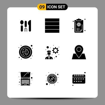 Pack of 9 creative Solid Glyphs of pointer startup knowledge development next button Editable Vector Design Elements