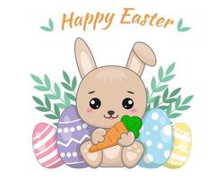 Cute cartoon bunny with carrots and Easter eggs vector