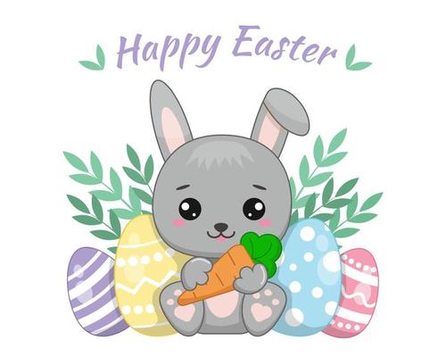 Cute cartoon bunny with carrots and Easter eggs