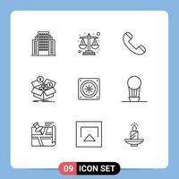 Pack of 9 creative Outlines of cooling growth contact money box Editable Vector Design Elements