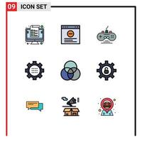 Mobile Interface Filledline Flat Color Set of 9 Pictograms of circles options controller gear cog Editable Vector Design Elements