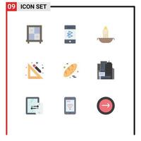 9 User Interface Flat Color Pack of modern Signs and Symbols of food baking fire pencil ruler Editable Vector Design Elements