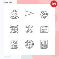 Pack of 9 Modern Outlines Signs and Symbols for Web Print Media such as spring thermometer cell temperature globe Editable Vector Design Elements