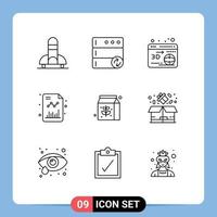 9 User Interface Outline Pack of modern Signs and Symbols of box pack printer food grow Editable Vector Design Elements