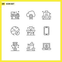 Set of 9 Modern UI Icons Symbols Signs for internet data process analysis outdoors Editable Vector Design Elements