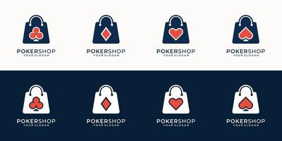 set of creative logo poker and shop combination in silhouette modern style design.shop logo,store,poker,royal,ace,casino,vector illustration. premium vector