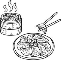 gyoza dibujado a mano o albóndigas con bandeja de bambú ilustración de comida china y japonesa vector