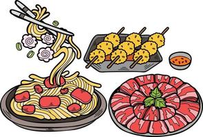 Hand Drawn Noodles and Meatballs Chinese and Japanese food illustration vector