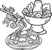 dibujado a mano olla caliente y fideos ilustración de comida china y japonesa vector