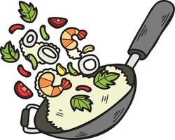 wok dibujado a mano y arroz frito ilustración de comida china y japonesa vector
