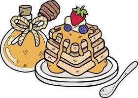 Hand Drawn Honey waffles with strawberries illustration vector