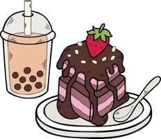 Hand Drawn Chocolate Cake and bubble Milk Tea illustration vector