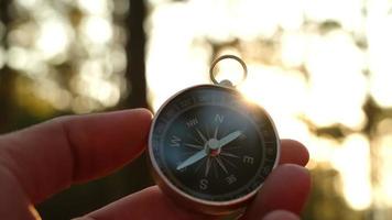 Compass in hand on natural pine forest background. hand holding compass in forest landscape. Young traveler searching direction with compass in summer mountains. video