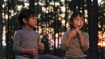 lindas hermanitas asando malvaviscos en una fogata. niños divirtiéndose en el fuego del campamento. acampar con niños en el bosque de pinos de invierno. familia feliz de vacaciones en la naturaleza.