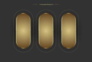 Group of three golden shapes vector and illustration design, set of 3 gold buttons and premium shapes for steps of works.