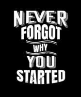 Never forgot why you started. Inspirational Quotes. typography design. Vector typography for home decor, t shirts, mugs, posters, banners, greeting cards