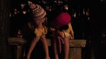 Cute little sisters warm near campfire outdoors in cold weather. Children having fun at camp fire. Camping with children in winter pine forest. Happy family on vacation in nature. video