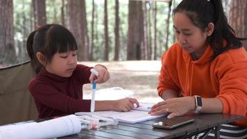 madre e hija haciendo los deberes juntos en el parque. madre asiática enseñando a su hija a leer y escribir la tarea. video