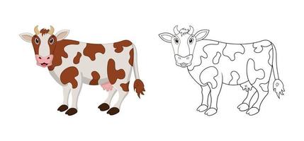 Happy cartoon cow with line art, cow sketch color less page isolated on white background. vector