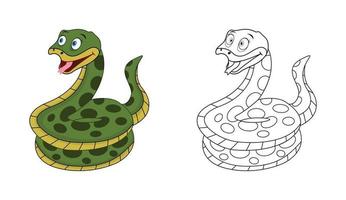 Happy cartoon snake with line art, snake sketch color less page isolated on white background. vector