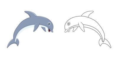 delfín de dibujos animados feliz con arte de línea, boceto de delfín color menos página aislada sobre fondo blanco. vector