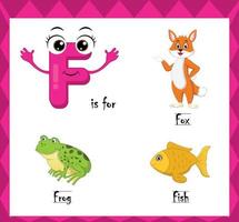 Letter f vector, alphabet f for fox, frog, fish animals, english alphabets learn concept. vector