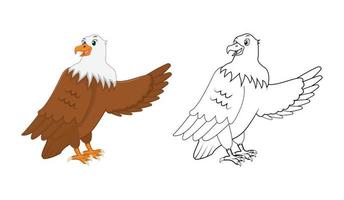 águila feliz de dibujos animados con arte lineal, boceto de águila color menos página aislada sobre fondo blanco. vector