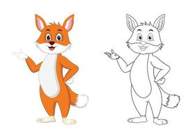 Happy cartoon fox with line art, fox sketch color less page isolated on white background. vector