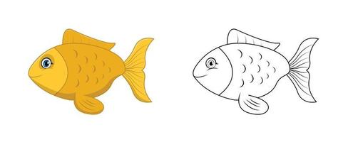 Happy cartoon fish with line art, fish sketch color less page isolated on white background. vector