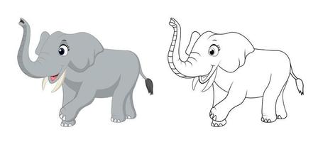 Happy cartoon elephant with line art, elephant sketch color less page isolated on white background. vector