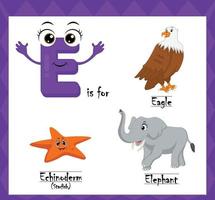 Letter e vector, alphabet e for eagle, echinoderms starfish, elephant animals, english alphabets learn concept. vector