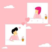 Vector flat character young man and woman in love,Couple sending pink heart together valentine concept